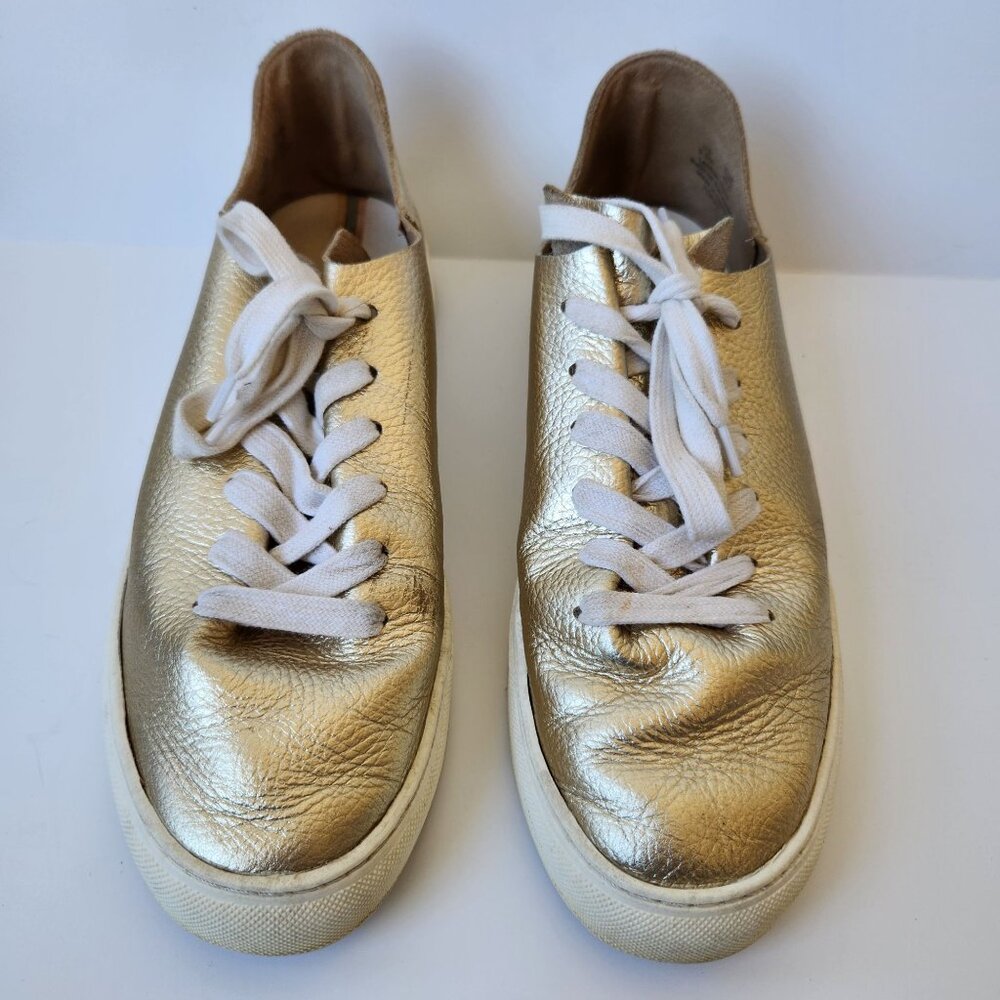 Sam Edelman Poppy Gold Leather Lace-Up Sneakers Metallic Glam Casual Showgirl - Picture 1 of 8
